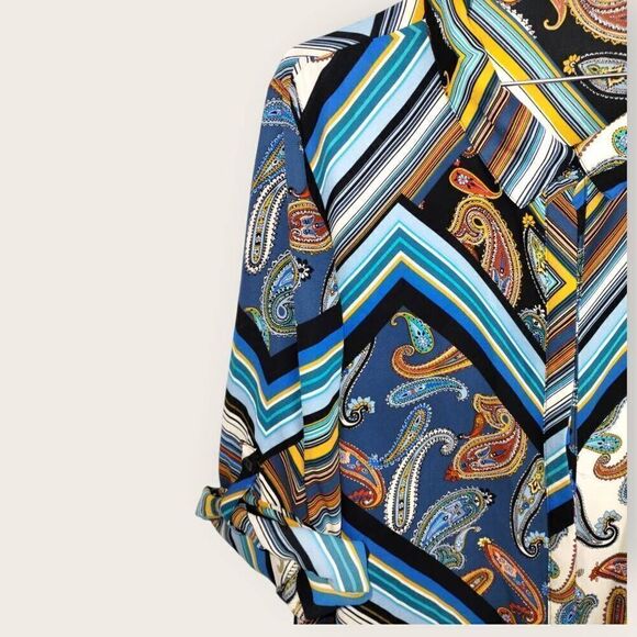 Melissa‎ Paige Womens Top Sz 2X Striped Blue Gold Button Blouse Cottagecore Plus - Picture 6 of 10